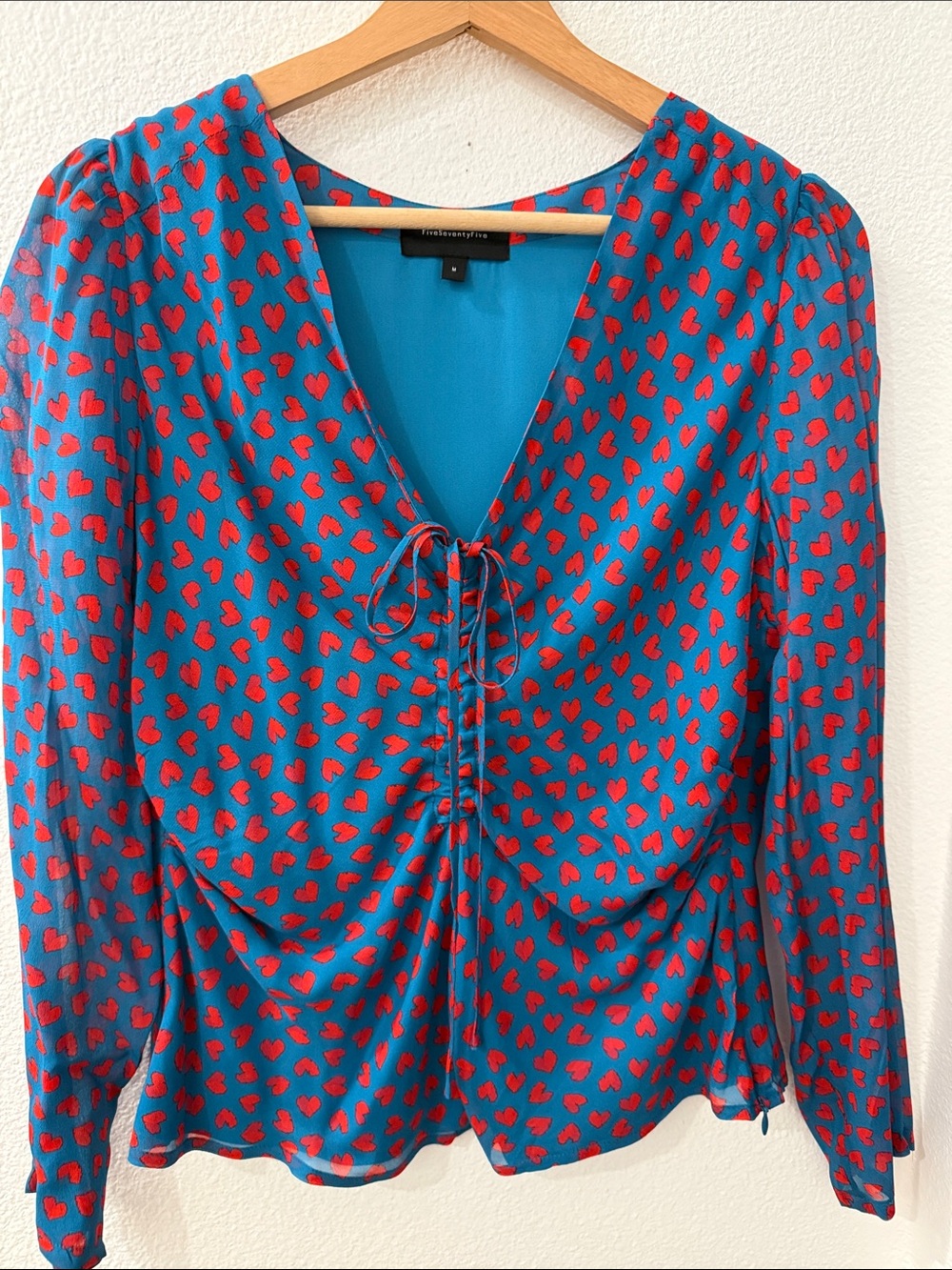 Blue V-Neck Heart Print Tie-Front Blouse